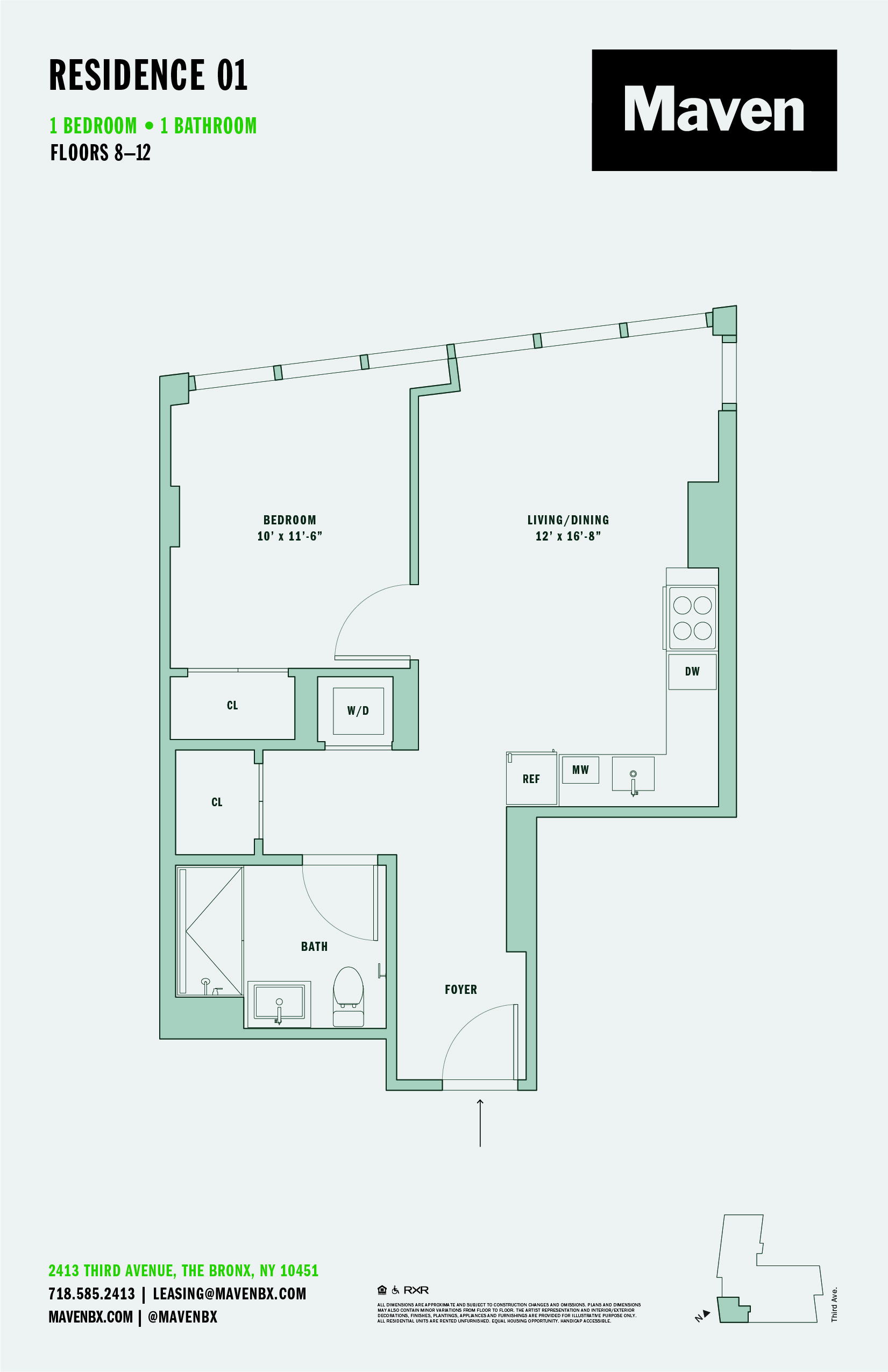 Floor plan for 1 bed, 1 bath, 613 sqft